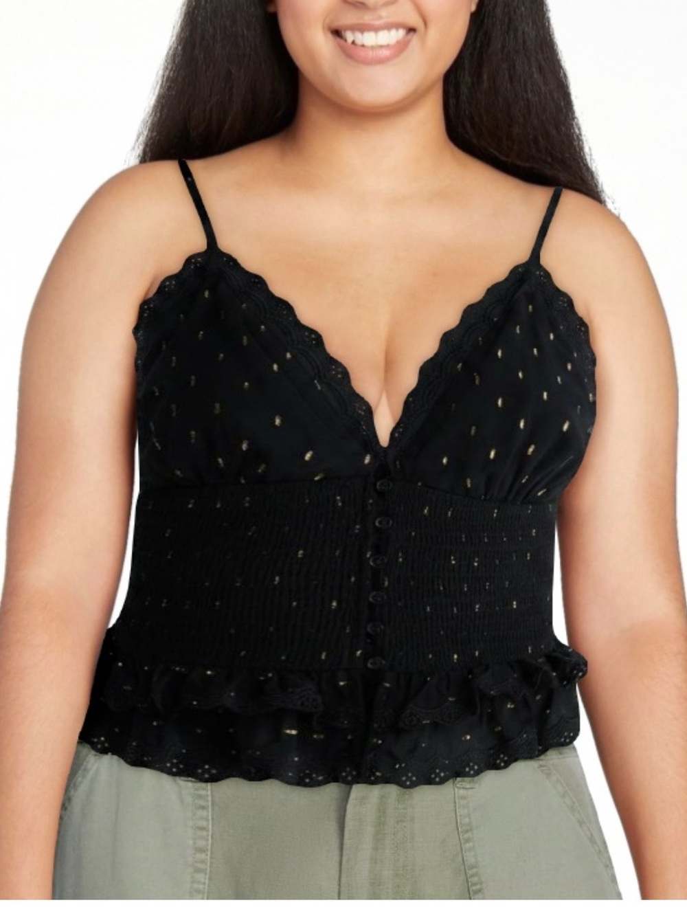 Gold-Dotted Black Soot Lace-Trim Smocked Eyelet Tank Cami Size L
